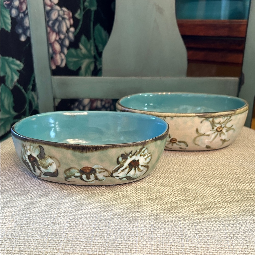 Vintage Oval Floral Pottery Bowls with Teal Blue Interior Unmarked Set of 2